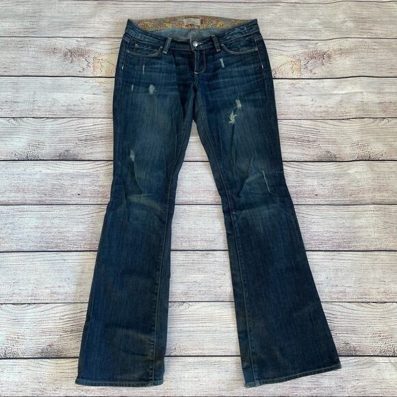 PAIGE Y2K  JEANS DARK LAUREL LOW RISE CANYON BOOTCUT DISTRESSED BLUE 28 - Picture 2 of 7